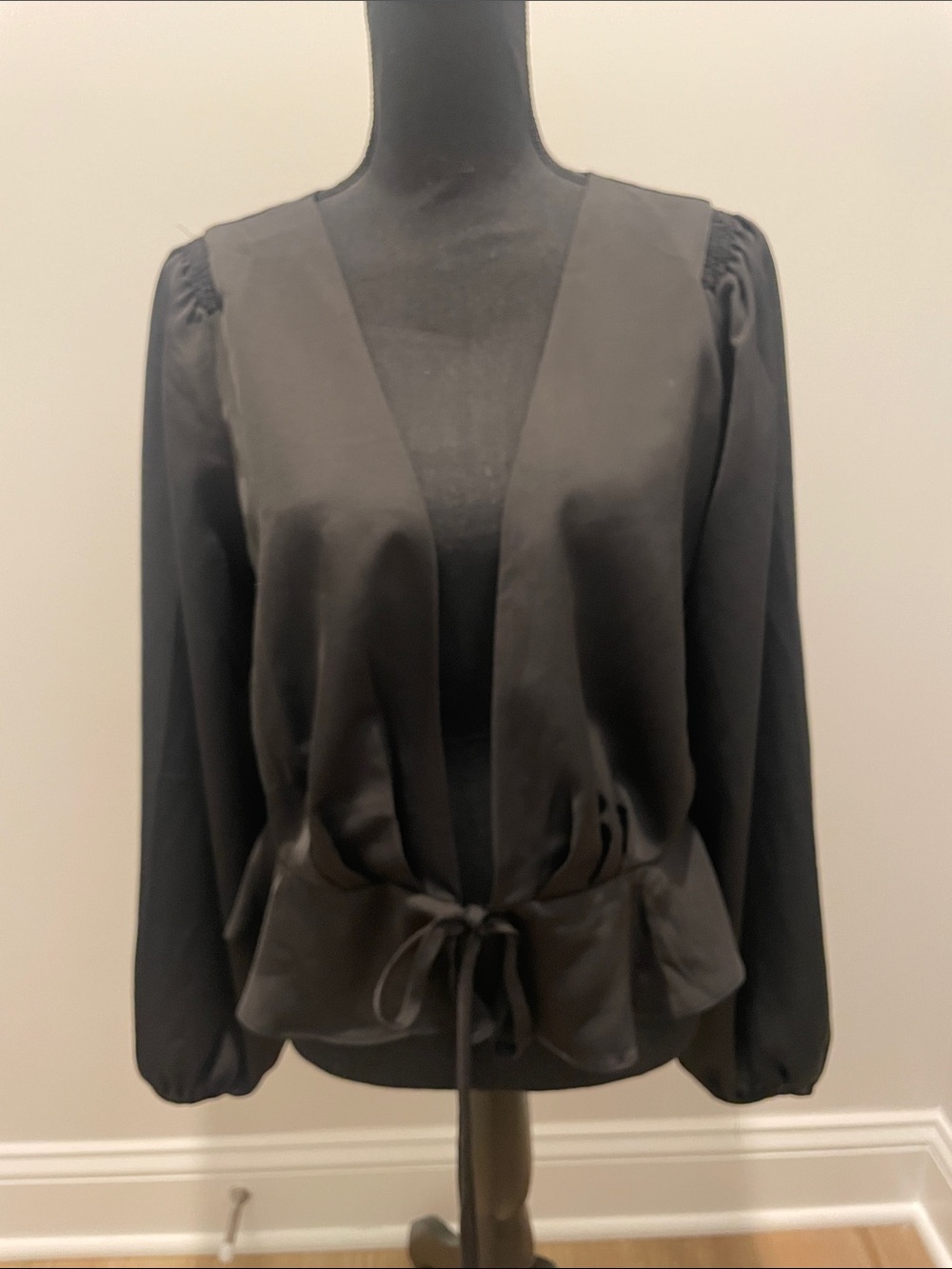 Lulu's Black Satin Peplum Tie-Front Blouse